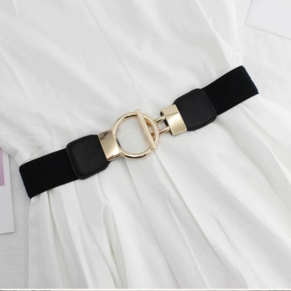Plus size gold tone black stretch elastic toggle buckle minimalist dress - Picture 1 of 10